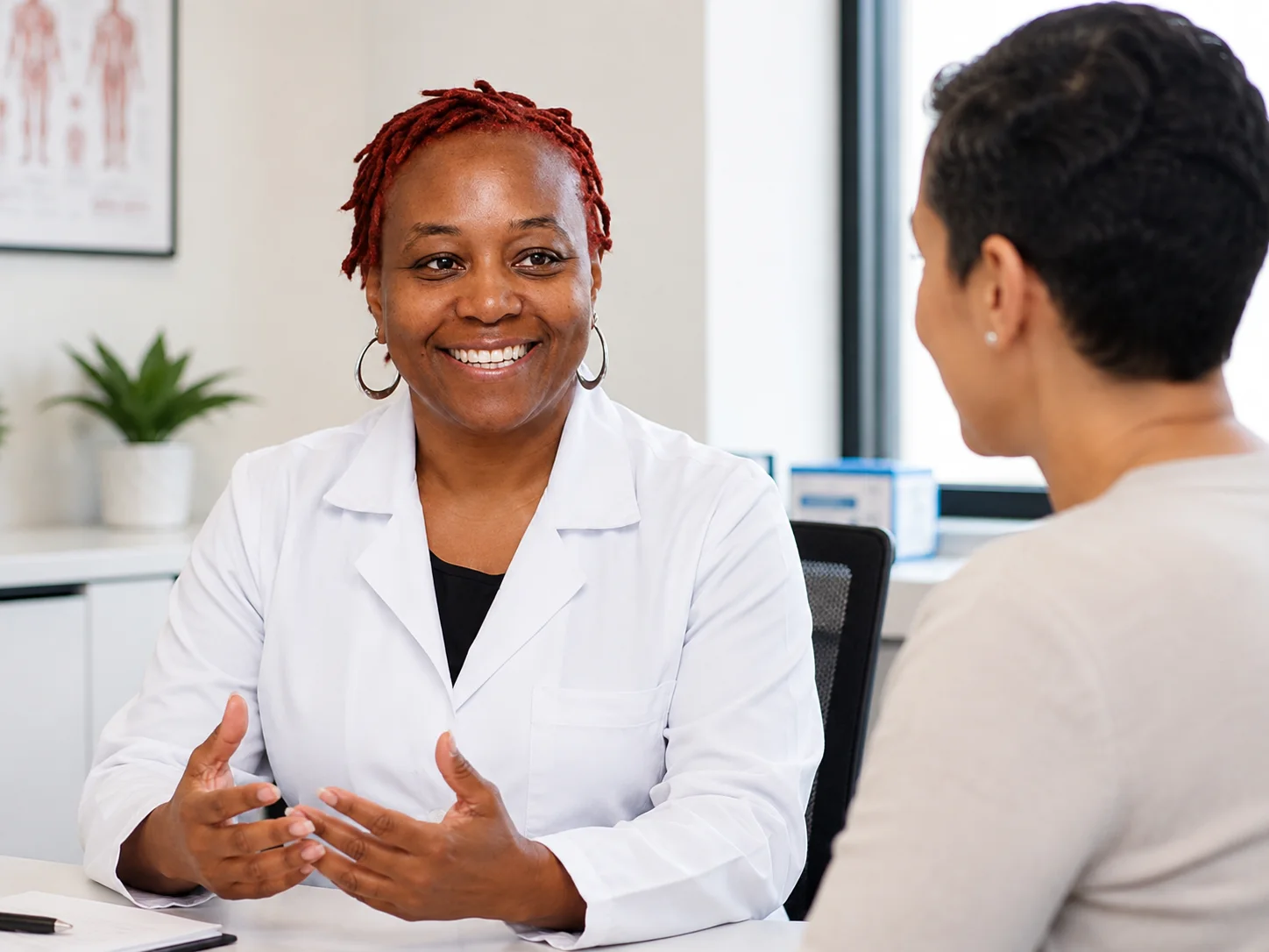 Mental health provider having a warm, supportive conversation with a patient